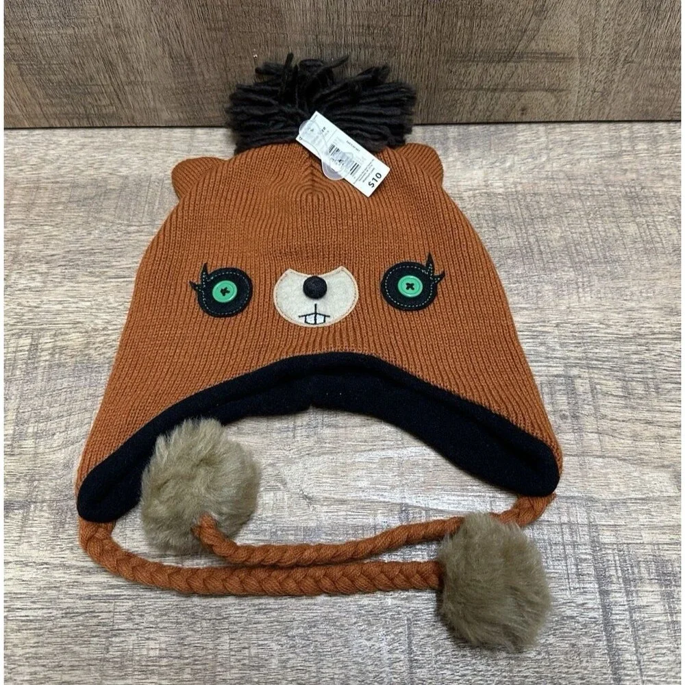 Beaver unisex kids size 14 and Up brown winter hat with ear flap and pompom